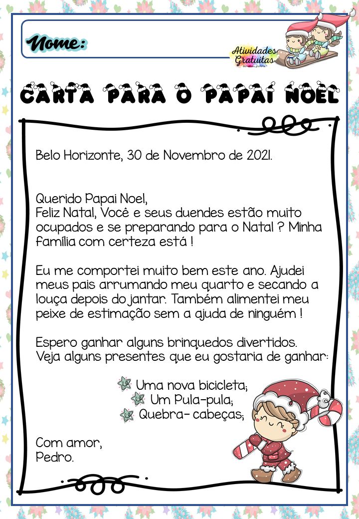 Atividade carta para o papai Noel 2 º 3 º ano