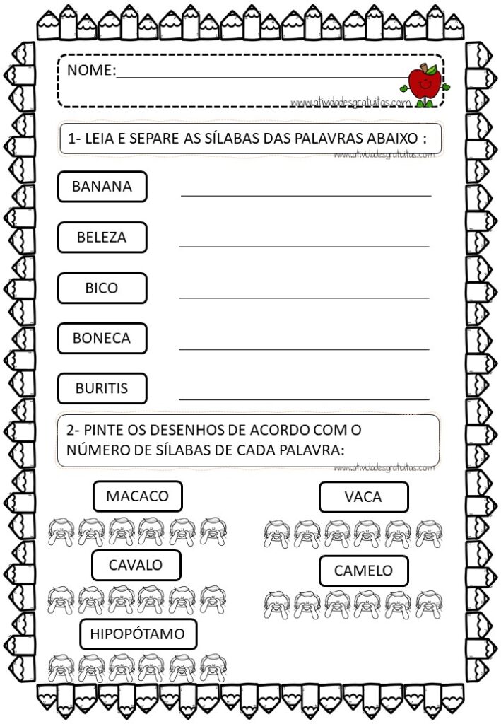 ATIVIDADE DE SEPARAÇÃO DE SÍLABAS - 1º ANO