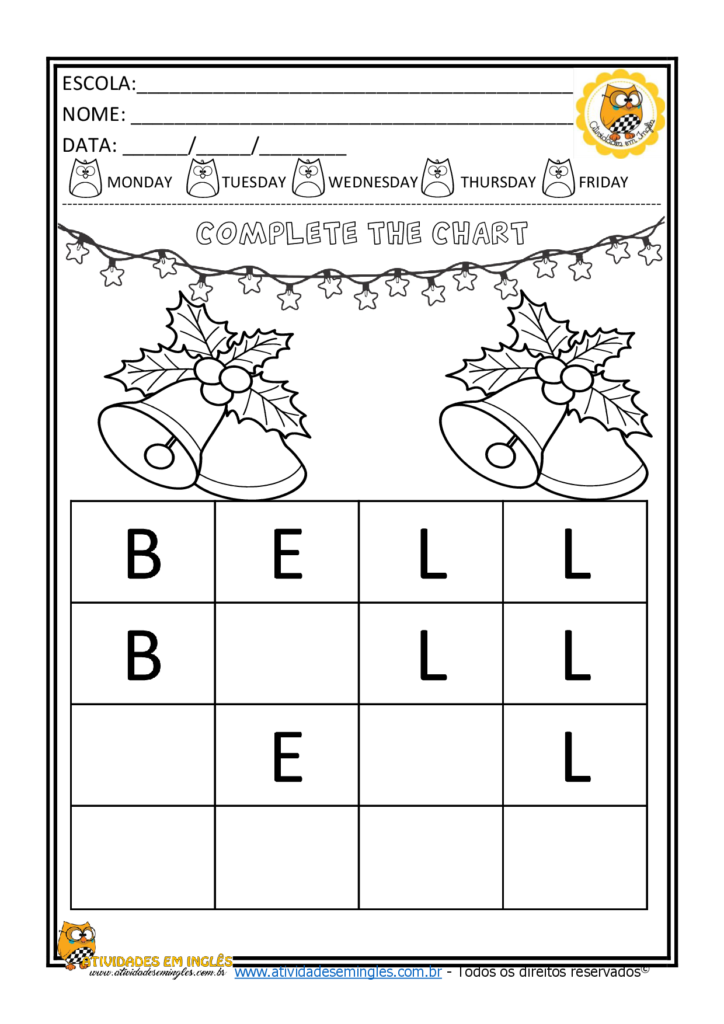 ATIVIDADE DE NATAL EM INGLÊS: COMPLETE O DIAGRAMA