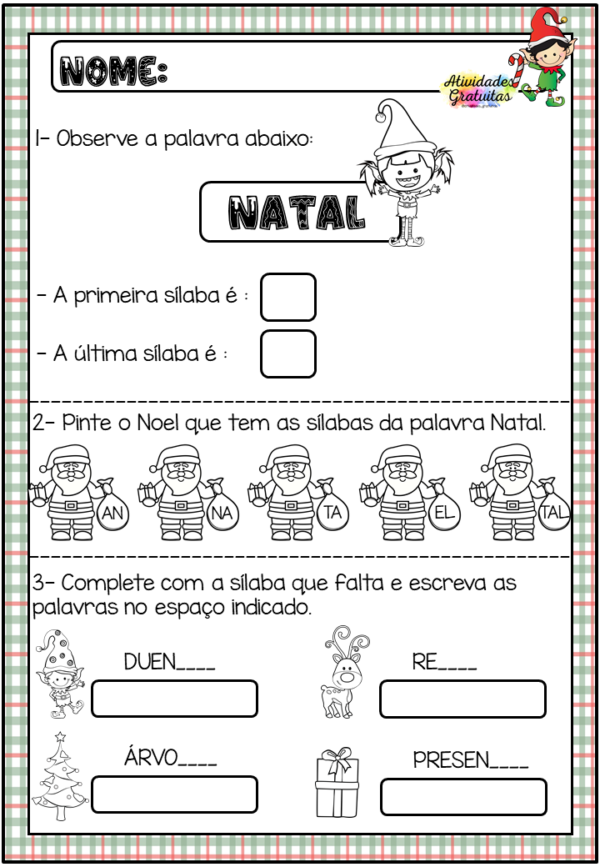 Atividade de ortografia Natalina- 1.º ano